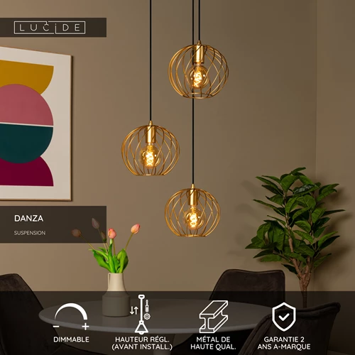 Lucide DANZA - Suspension - Ø 50 cm - 3xE27 - Or Mat / Laiton - USP